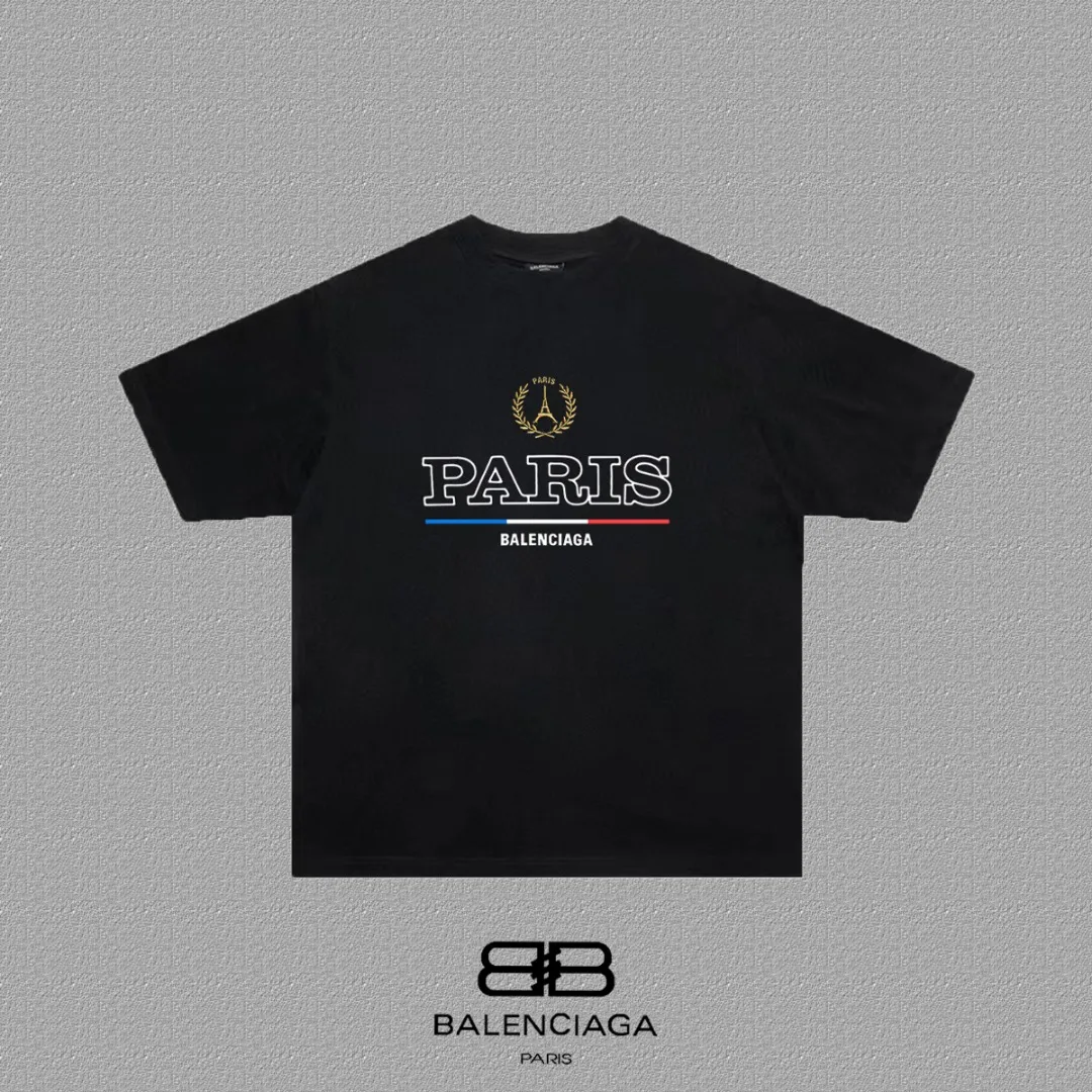P80✨🔥 BALENCIAGA Paris lettering printed short-sleeved T-shirt, custom-woven and dyed 280g combed cotton heavyweight fabric, zero color difference in thread, perfect details, different from the current version on the market, welcome to compare, Same Style for men and women, must-sell in the picture above Color: White Black Size: 1 2 3 4